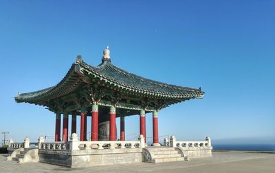 Traditional temple against clear blue sky