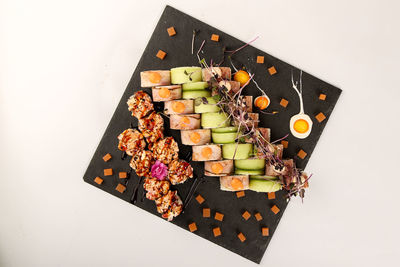 High angle view of food against white background