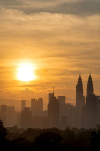 Buildings in city during sunset