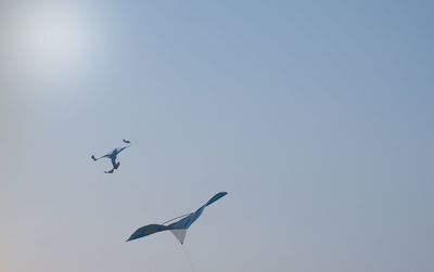 Low angle view of seagulls flying in sky