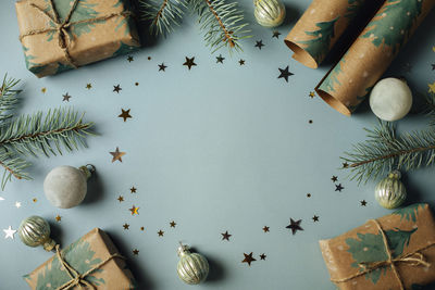 Directly above shot of christmas decorations on table