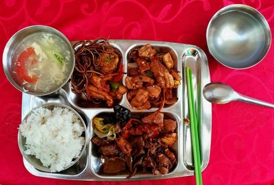 High angle view of breakfast served on table