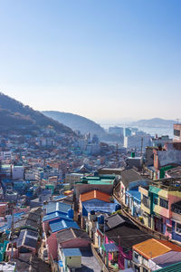 High angle view of townscape against clear sky