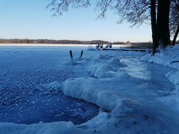 Scenic view of frozen lake against clear blue sky