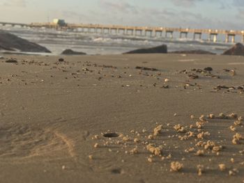 Surface level of beach against sky