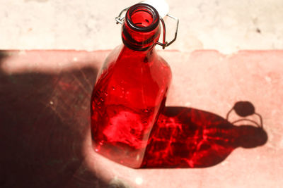 Close-up of red wine bottles