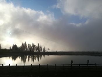 Silhouette bridge over lake against sky