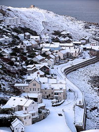 High angle shot of snow covered town