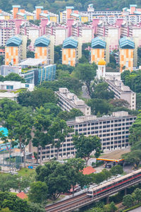 High angle view of buildings in city