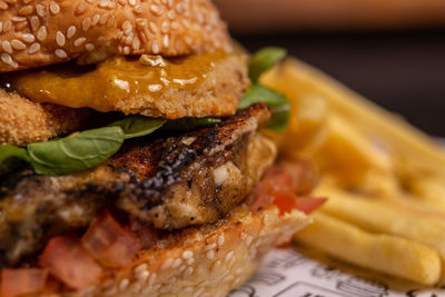 Close-up of burger on table