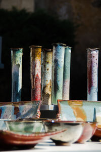 Close-up of old objects on table