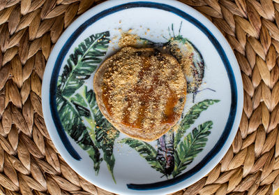 High angle view of breakfast served on table