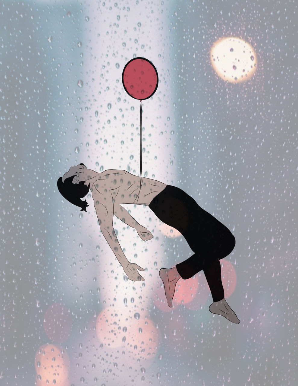 DIGITAL COMPOSITE IMAGE OF MAN WITH UMBRELLA AND BALLOON