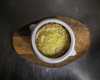 High angle view of drink in bowl on table