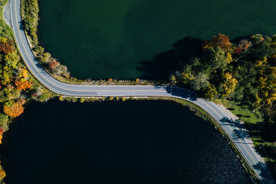 High angle view of road by trees in city