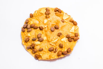 High angle view of bread against white background