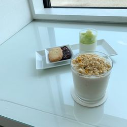 High angle view of breakfast served on table