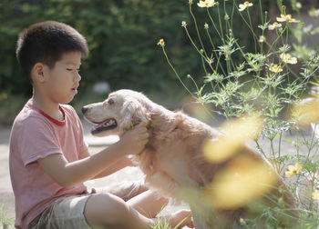 Boy playing with dog in meadow