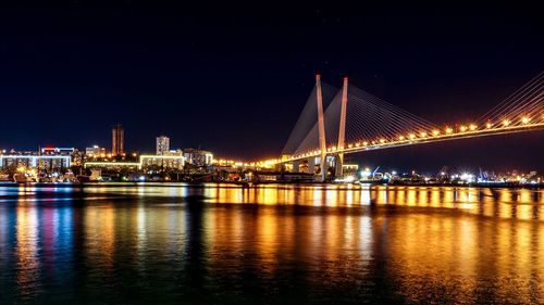 Illuminated bridge over river with cityscape in background