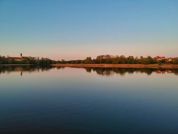 Scenic view of lake against clear blue sky