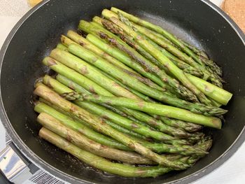 High angle view of vegetables in pan