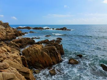 Beautiful view at a rocky beach in ganh da dhia, phu hanh, vietnam. the formation of volcanic rocks.