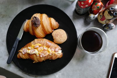 High angle view of breakfast on table