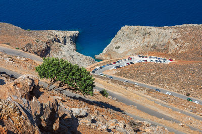 High angle view of road by sea