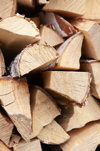 Background from stack of firewood from birch tree, for heating house, stacked in backyard, uncut