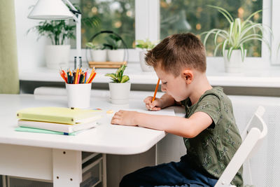 Side view of boy using laptop at home