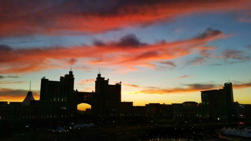 Silhouette of city against cloudy sky during sunset