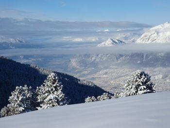 Scenic view of snowcapped mountains against sky