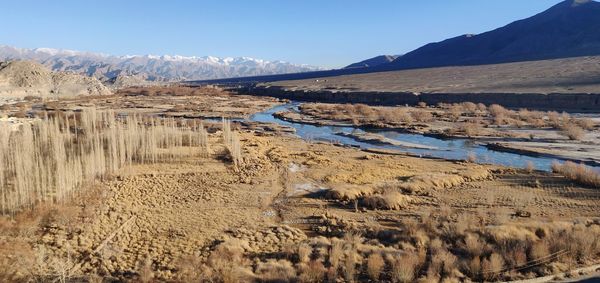 Scenic view of lake and mountains against sky