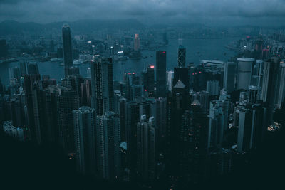 High angle view of modern buildings in city