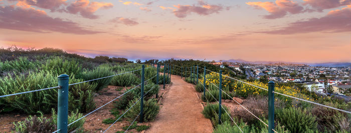 Panoramic shot of agricultural field against sky during sunset