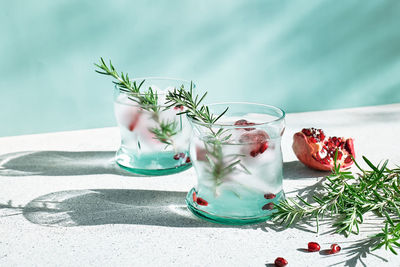 Pomegranate gin fizz cocktail with sparkling wine, rosemary and ice. refreshing alcoholic drink.