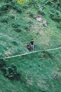 Rear view of people walking on field