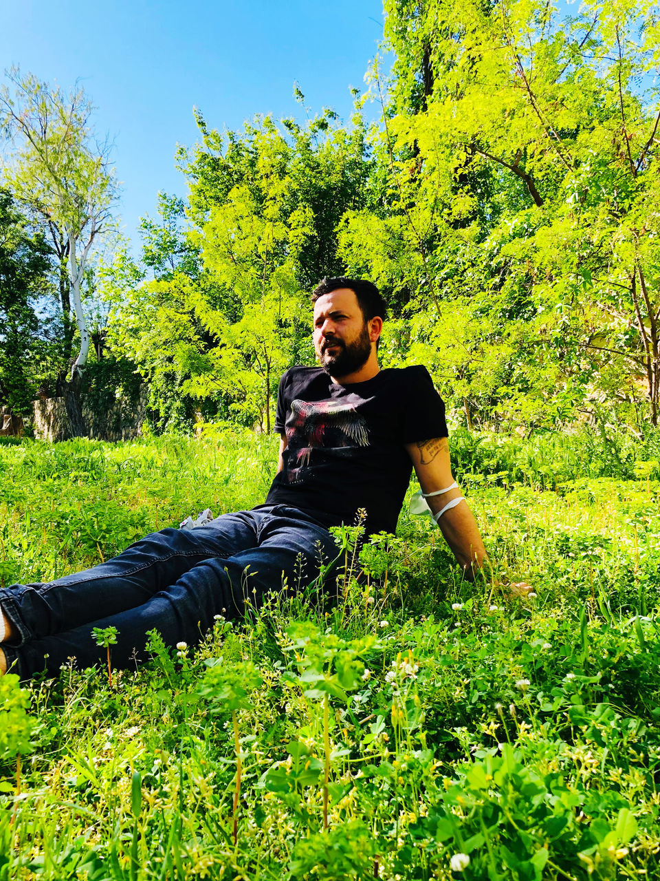 plant, one person, nature, green, tree, leisure activity, lifestyles, casual clothing, young adult, adult, day, grass, growth, full length, meadow, flower, land, sunlight, outdoors, men, field, beauty in nature, front view, relaxation, smiling, sky, happiness, portrait, forest, sitting, sunny, natural environment, looking at camera, lawn