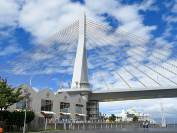 Low angle view of modern building against cloudy sky