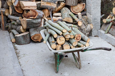 High angle view of stack of logs in forest