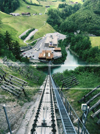 High angle view of train amidst trees