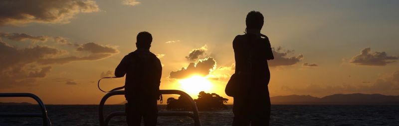 Silhouette people standing by sea against sky during sunset