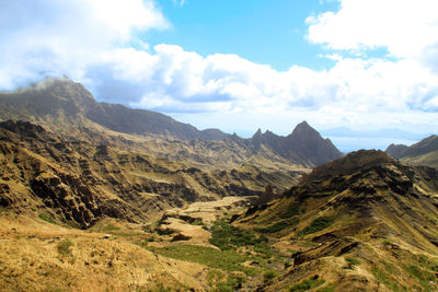 Scenic view of mountains against cloudy sky