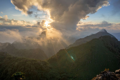 Scenic view of mountains against sky during sunset