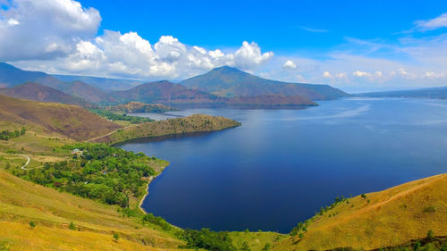 Scenic view of lake and mountains against sky