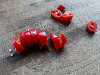 High angle view of strawberries on table