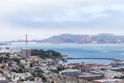 High angle view of suspension bridge over sea