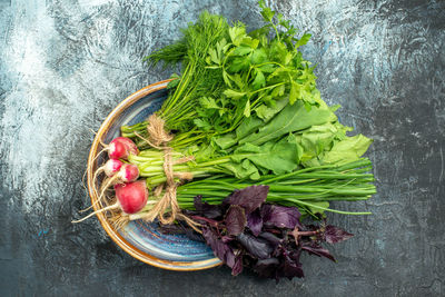 High angle view of vegetables on table