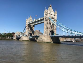 Bridge over river with city in background