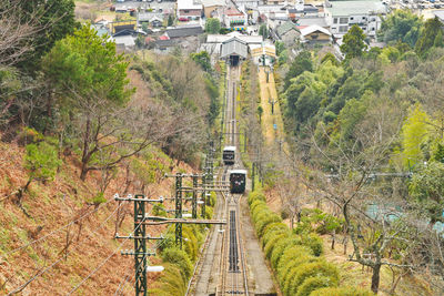 High angle view of train amidst trees